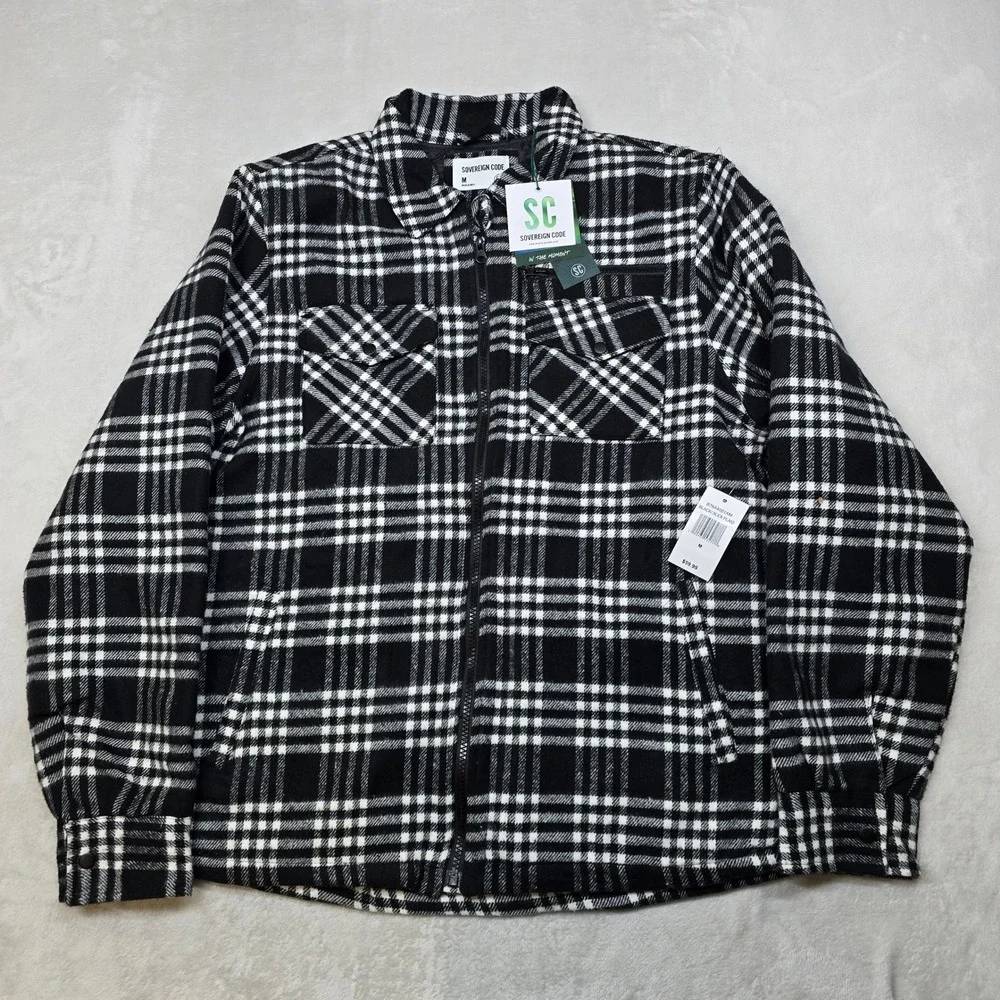 Sovereign Code Shirt Jacket Mens Medium Black‎ White Plaid Quilted Lined Zip NEW